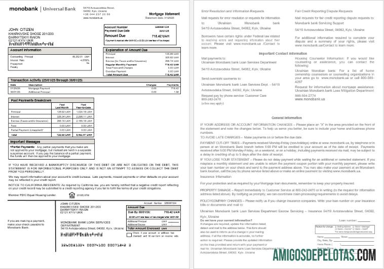 Extrato de hipoteca do banco monobank ucraniano em formatos Word e PDF baixar para verificação